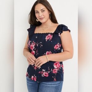 Maurices Plus Size Floral Eyelet Trim Flutter Sleeve Top Navy and Pink Size 0X